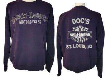 Harley Davidson Motorcycle Vintage 90's Sweatshirt, Doc's Harley Davidson of St. Louis MO Women's Size Large, Purple Sweatshirt