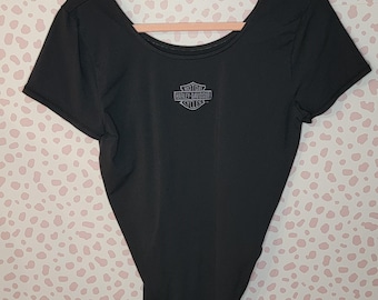 Harley Davidson Bodysuit, Black, Full Bottom, Embroidered on front, Snap Closure, Women's Size Large