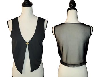 Women's Black Vest Top with Full Sheer Back, 2003 HOG Ladies of Harley Pin for Front Closure, Vintage Fredricks Vest