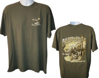 Harley Davidson Vintage Tee, French Quarter Bourbon Street, New Orleans Louisiana, Army Green, Back Print, Men's Size XL