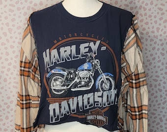 Upcycle Harley Davidson Tee with Flannel Sleeves Crop Top, Oversize Fit,  Loess Hills HD Pacific Junction, Vintage Recycle Wear