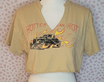 Hotter Than Hot Crop Top, Cut V Neck, Women's Size Medium, Flaming Car Graphic, From Our Vintage Recycle Wear Collection