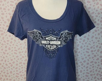 Harley Davidson Fitted Woman's Tee, Blue with Rhinestone Embellishments, Scoop Neck, Women's Size 2X