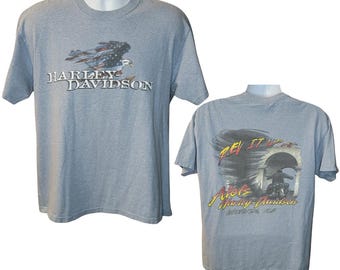 Y2K Harley Davidson Vintage Tee, Light Blue, Back Print, Rev It Up, Wichita, KS Men's Size Large