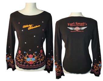 Harley Davidson Bell Sleeve Vintage Women's Top, Top Stitch, Embroidery Style Print, Atlanta Georgia, Women's Size XL