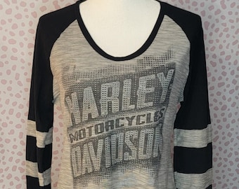 Vintage Harley Davidson Scoop Neck Raglan, Long Sleeve, Stripes on Sleeves, Back Print, Morgantown, WV, Triple S HD, Women's Size Large