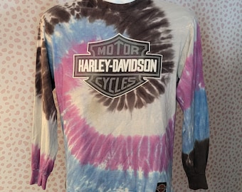 Vintage 1983 Harley Davidson Long Sleeve Tie Dye Shirt, Bartels' HD of Culver City, CA, Back Print, Men's Size Medium