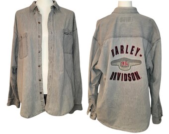 Vintage 90's Harley Davidson Gray Denim Button Up Long Sleeve Shirt, Embroidered on front & Back, 95th Rally, Size XL / 2X