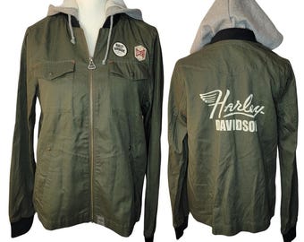 Harley Davidson Army Green Light Weight Jacket with Removable Hood, Harley Patches, Pockets, Full Zip, Back Print, Size Medium