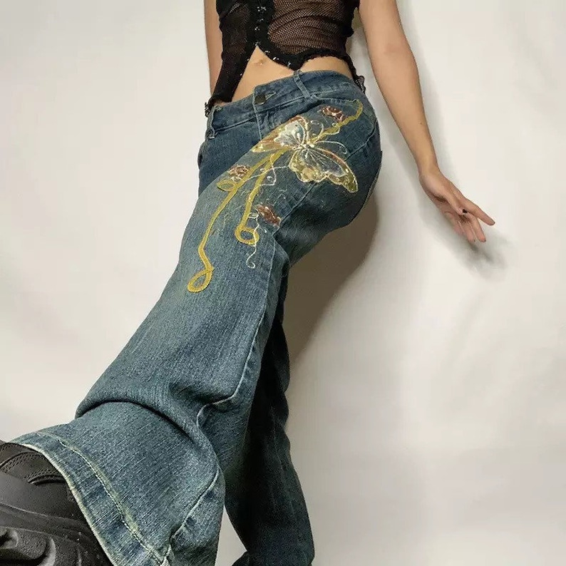 Retro vintage Butterfly print y2k denim low waisted women’s jeans 