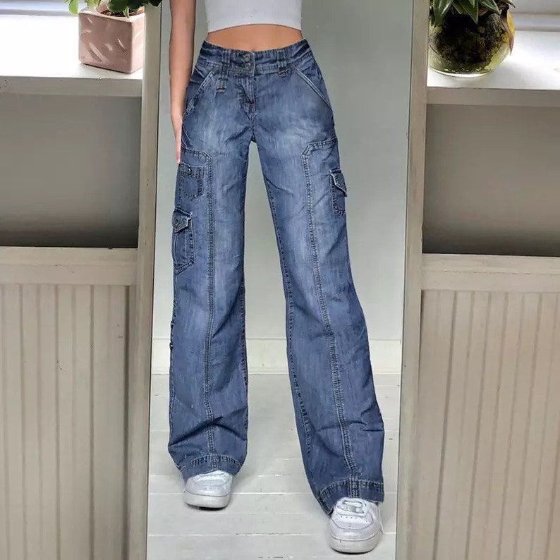 Y2k Pockets Patchwork high waisted baggy streetwear cargo jeans 