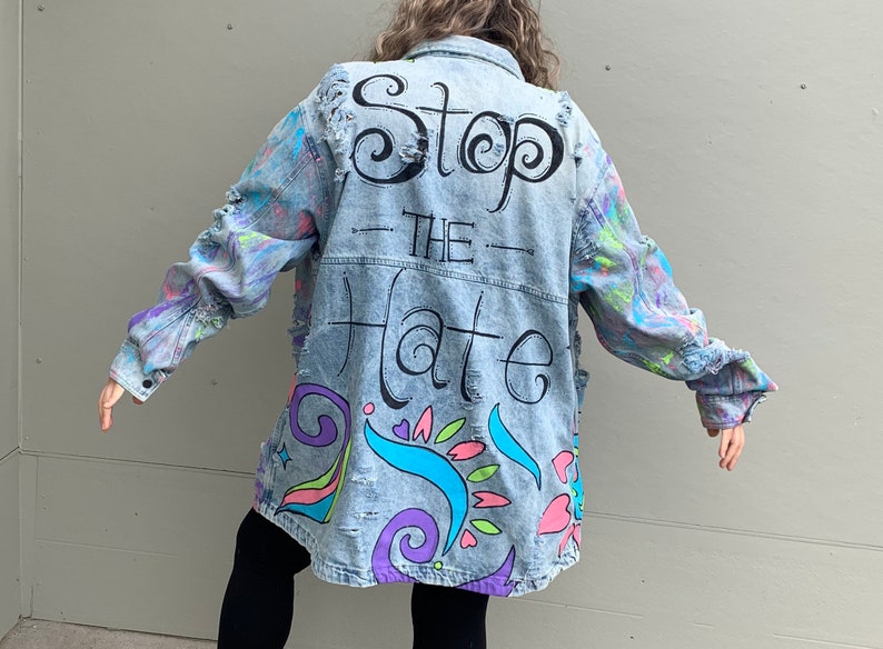 Stop the Hate Hand Painted Adult Oversize Denim Jacket Unisex image 0