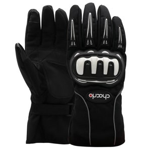 May include: Black motorcycle gloves with white accents and a red logo that says "Chocho".