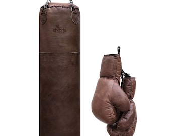 Antique Filled Leather Cowhide 4ft Punching Bags with Boxing Gloves Hanging Boxing Bag for MMA Training at Home or Gym