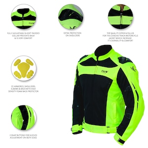 K&ouml;nnte beinhalten: Eine leuchtend gr&uuml;ne und schwarze Motorradjacke mit reflektierenden Akzenten. Die Jacke verf&uuml;gt &uuml;ber einen Rei&szlig;verschluss, einen Kragen und einen G&uuml;rtel. Die Jacke hat CE-gepanzerte Schultern, Ellbogen und R&uuml;cken mit einem R&uuml;ckenprotektor aus hochdichtem Schaumstoff. Die Jacke hat au&szlig;erdem zwei Druckkn&ouml;pfe zur &Auml;rmelverstellung auf beiden Seiten.