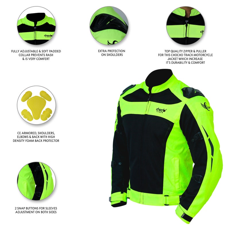 K&ouml;nnte beinhalten: Eine leuchtend gr&uuml;ne und schwarze Motorradjacke mit reflektierenden Akzenten. Die Jacke verf&uuml;gt &uuml;ber einen Rei&szlig;verschluss, einen Kragen und einen G&uuml;rtel. Die Jacke hat CE-gepanzerte Schultern, Ellbogen und R&uuml;cken mit einem R&uuml;ckenprotektor aus hochdichtem Schaumstoff. Die Jacke hat au&szlig;erdem zwei Druckkn&ouml;pfe zur &Auml;rmelverstellung auf beiden Seiten.