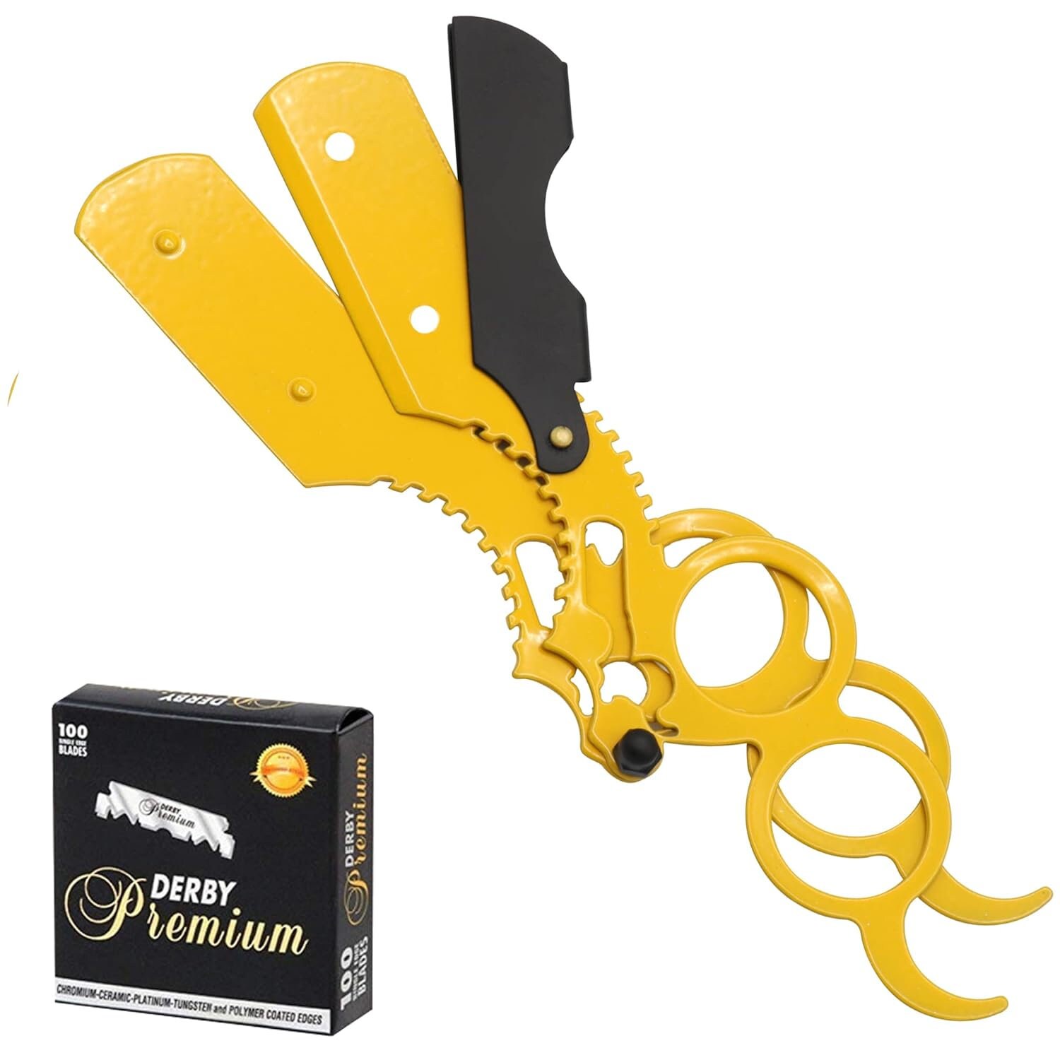 ChoCho Track Straight Single Blade Barber Shaving Razor Stylish Ring Men's Cut Throat Knife Salon and Home Usage Yellow Black