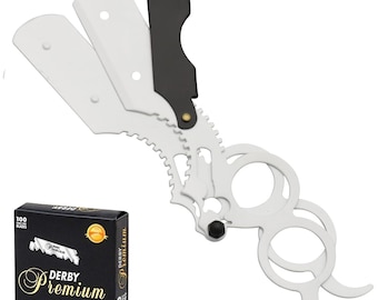 ChoCho Track Straight Single Blade Barber Shaving Razor Stylish Ring Men&#39;s Cut Throat Knife Salon and Home Usage White Black