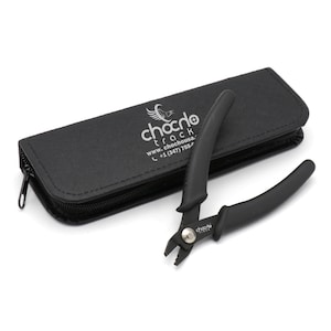 May include: Black jewelry pliers with black rubber handles and a silver metal head. The pliers are in a black zippered pouch with the logo "Choc'lo Track" and website address printed on it.