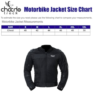 K&ouml;nnte beinhalten: Eine schwarze Motorradjacke Gr&ouml;&szlig;entabelle mit Ma&szlig;en f&uuml;r Brustgr&ouml;&szlig;en von 40 bis 50 Zoll. Die Tabelle ist mit den Gr&ouml;&szlig;en S, M, L, XL, 2XL und 3XL gekennzeichnet.