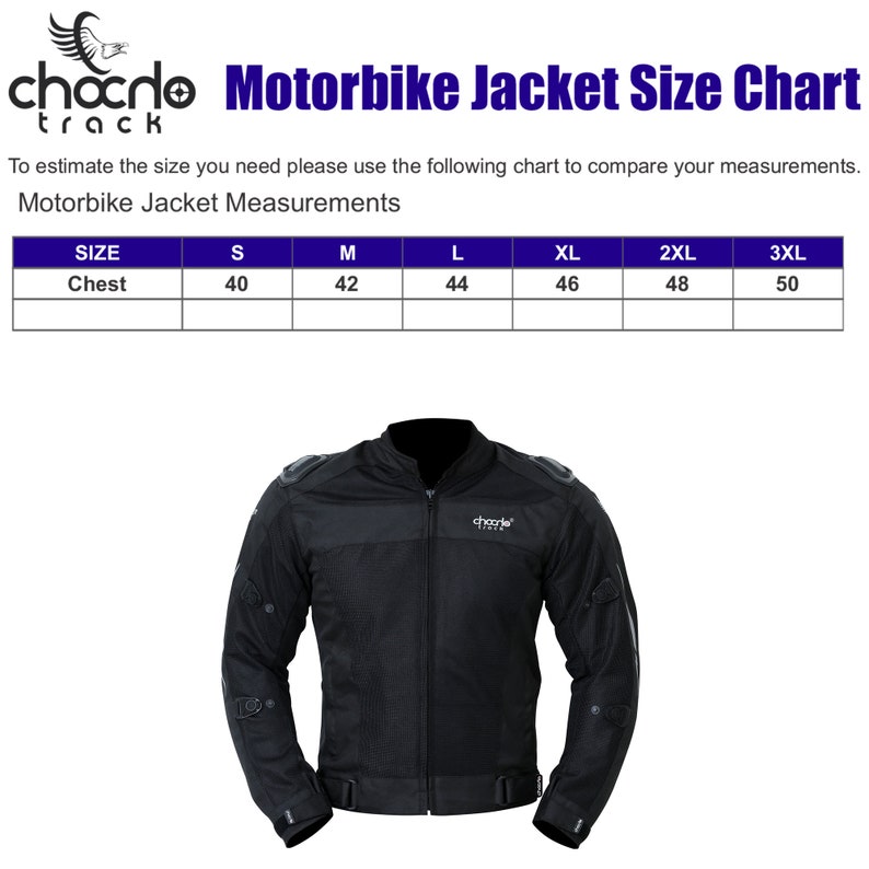 K&ouml;nnte beinhalten: Eine schwarze Motorradjacke Gr&ouml;&szlig;entabelle mit Ma&szlig;en f&uuml;r Brustgr&ouml;&szlig;en von 40 bis 50 Zoll. Die Tabelle ist mit den Gr&ouml;&szlig;en S, M, L, XL, 2XL und 3XL gekennzeichnet.