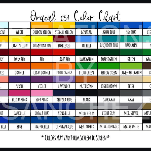 Oracal, Oracal 651 Vinyl Color Chart, Digital Download, 651, SVG, PNG, PDF, Vinyl, Downloadable Color Chart, Customized Color Chart