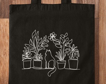 Minimalist Cat & Plant Tote Bag: Eco-Friendly Canvas