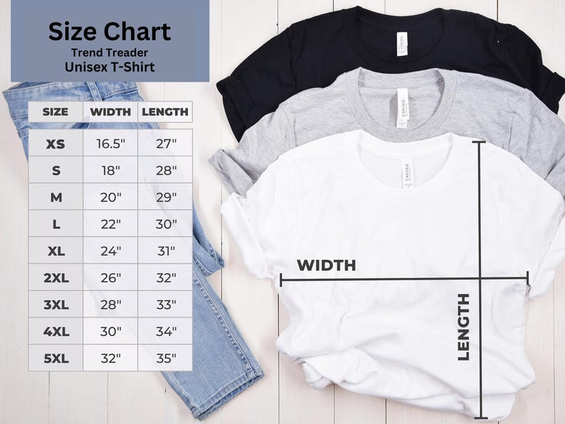 K&ouml;nnte beinhalten: Gr&ouml;&szlig;entabelle f&uuml;r ein Unisex-T-Shirt, mit Ma&szlig;en in Zoll. Die Tabelle enth&auml;lt die Gr&ouml;&szlig;en XS bis 5XL mit den entsprechenden Breiten- und L&auml;ngenma&szlig;en. Drei T-Shirts in Schwarz, Grau und Wei&szlig; sind sichtbar.