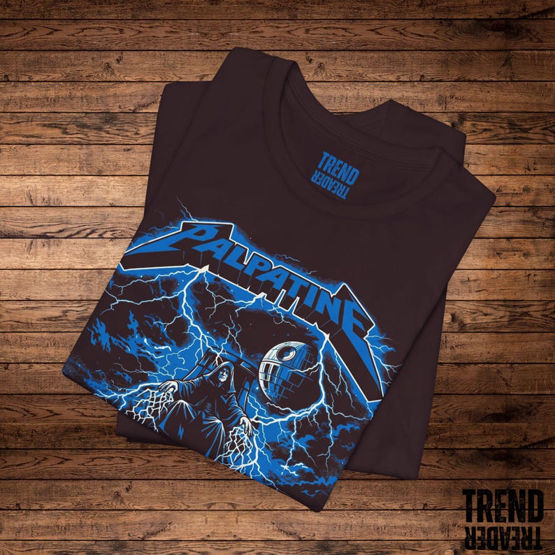 Palpatine Fahrt auf dem Blitz Shirt, lustiges Star Wars Metal Parodie T-Shirt, Sith Lord Kaiser Tshirt, Dark Side Musik Mashup, Heavy Metal Geschenk Bild 6
