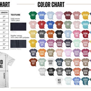 K&ouml;nnte beinhalten: Eine Gr&ouml;&szlig;en- und Farbtabelle f&uuml;r T-Shirts. Die Gr&ouml;&szlig;entabelle zeigt Ma&szlig;e in Zoll f&uuml;r Gr&ouml;&szlig;en von XS bis 5XL. Die Farbtabelle zeigt verschiedene T-Shirt-Farben, darunter Kelly-Gr&uuml;n, Rosa, Rot und Marineblau.