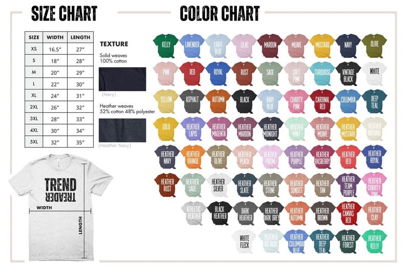 K&ouml;nnte beinhalten: Eine Gr&ouml;&szlig;en- und Farbtabelle f&uuml;r T-Shirts. Die Gr&ouml;&szlig;entabelle zeigt Ma&szlig;e in Zoll f&uuml;r Gr&ouml;&szlig;en von XS bis 5XL. Die Farbtabelle zeigt verschiedene T-Shirt-Farben, darunter Kelly-Gr&uuml;n, Rosa, Rot und Marineblau.