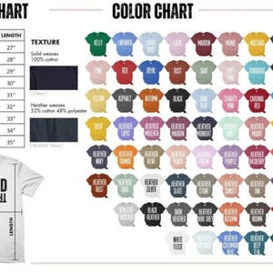 May include: A size and color chart for t-shirts. The size chart shows measurements in inches for XS to 5XL. The color chart displays a variety of t-shirt colors, including green, pink, red, and blue.