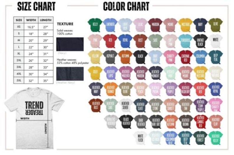 May include: A size and color chart for t-shirts. The size chart shows measurements in inches for XS to 5XL. The color chart displays a variety of t-shirt colors, including green, pink, red, and blue.