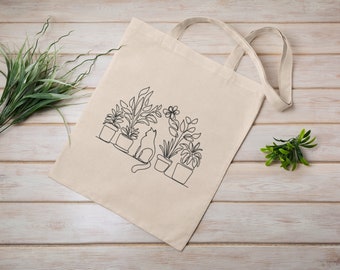 Cat and Plants Cotton Canvas Tote Bag, Gift for Cat Lover and Gardener, Plant Lady, Succulent Plants Design, Cat Mom Tote, Cotton Carryall