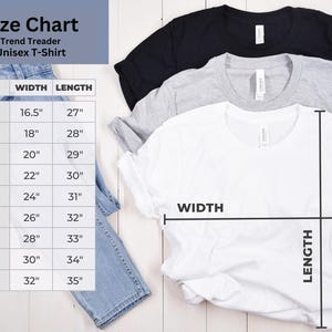 May include: Size chart for a unisex t-shirt showing measurements in inches for width and length. The chart includes sizes XS to 5XL.