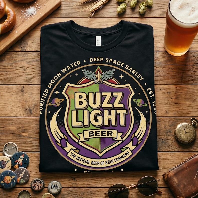 May include: Black t-shirt featuring a shield design with the words "BUZZ LIGHT BEER" in green and purple. The design includes the text "PURIFIED MOON WATER" and "DEEP SPACE BARLEY". The shirt also has the text "THE OFFICIAL BEER OF STAR COMMAND".