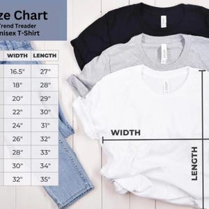 May include: A stack of three t-shirts in black, gray, and white, with a size chart and measurements in inches. The chart displays sizes XS to 5XL, with corresponding width and length dimensions for a unisex t-shirt.