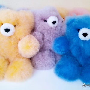 May include: Five plush teddy bears in different colors: yellow, purple, pink, blue, and light pink. The bears are all sitting in a row and have a fluffy texture.