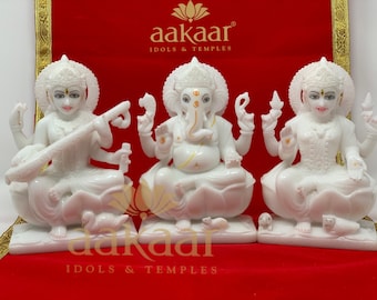 Pure white 7 inch Special Marble Murti Ganesh, Laxmi, Saraswati Set
