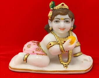 9" Marble Ladu Gopal, Bal Gopal, Krishna Murti, Hindu God Krishna, Marble Makhan Chor, Marble Baby Krishna, Ladoo Gopal