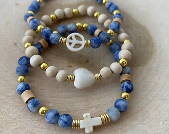 Peace Love Faith, bracelet stack, boho bracelets, wood bracelets, Jasper stones, personalized bracelets, stackable bracelet, natural stones