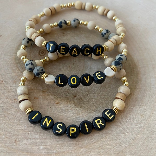 teacher,Teacher appreciation, personalized beaded bracelet,wood bracelet,Teach Love Inspire, teacher bracelet,Boho bracelet stack,