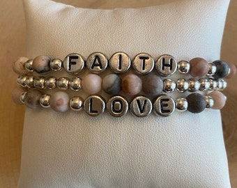 Jasper Pink Zebra Stone, Stack bracelets, Beaded Bracelet, Custom Name Bracelet, Word Bracelet, Jasper Jewelry, Stretch bracelets