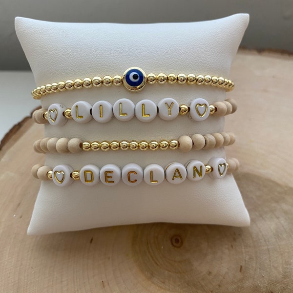 personalized beaded bracelets, boho bracelet stack, bead name bracelets, wood bead bracelets, gold beads bracelet, stackable bracelets