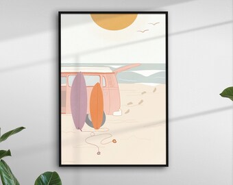A3 'Surf Beach Van' Illustrated Art Print
