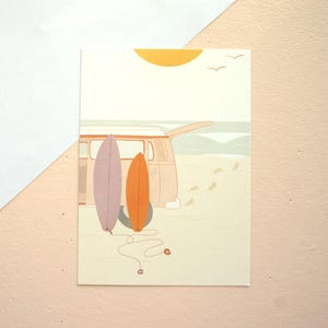 Postal ilustrada A6 / Mini impresión artística - 'Surf Vibes Van'