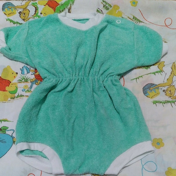 Vtg Baby Terrycloth One-piece 0-6 mos, mint green… - image 1