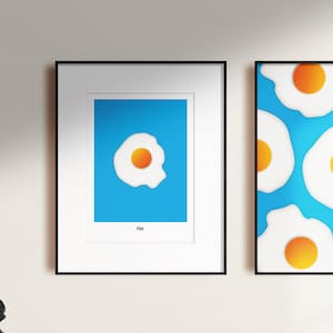 Fried Egg Poster in Blue, Kitchen Wall Art, Printable Food Poster Gift for Foodie, Digital Download