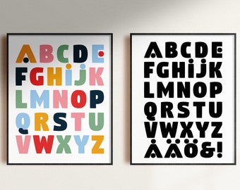 Alphabet Poster with English and Swedish Letters, Set of Two Printable Letter Posters, Kids Room Educational Wall Art, Digital Download