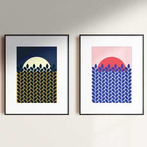 Pôster gráfico do campo de trigo do sol poente, conjunto de dois pôsteres, impressão da natureza, arte de parede Boho, download digital